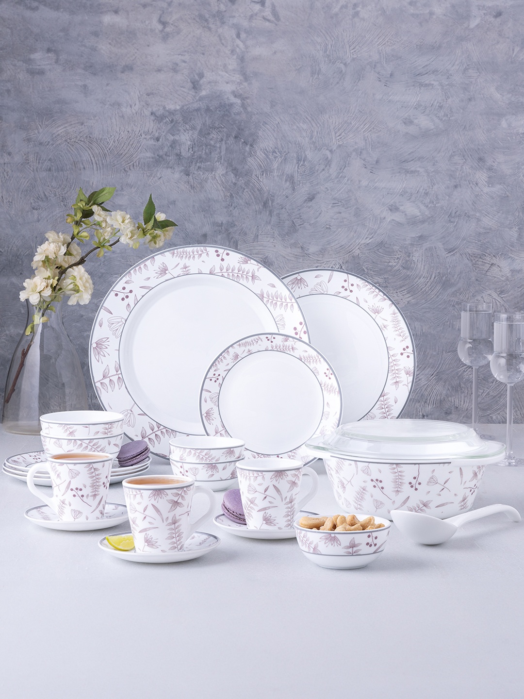 

Larah by BOROSIL Premia Series Grandeur 49 Pieces Opalware Dinner set, White
