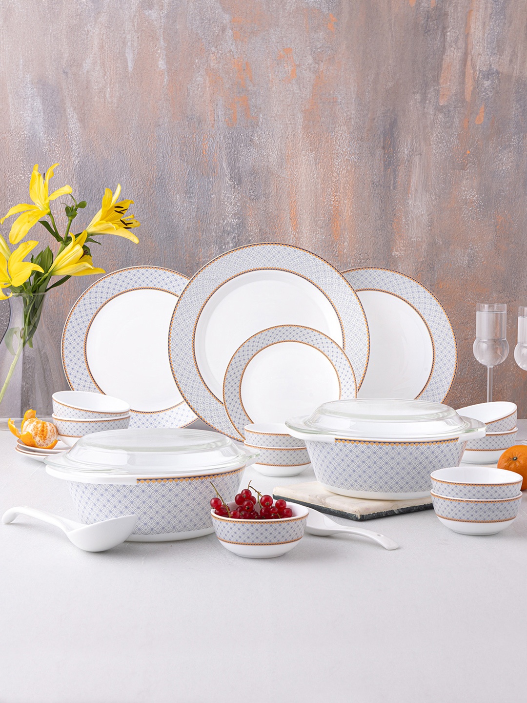 

Larah by BOROSIL Premia Series Kosmia 29 Pieces Printed Opalware Dinner set, White