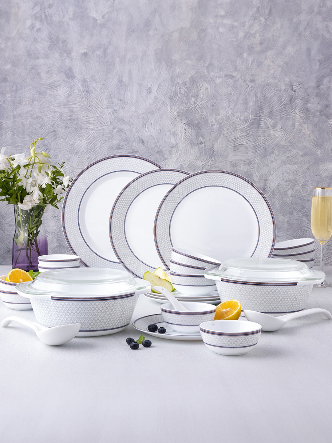 

Larah by BOROSIL White& Grey 37 Pieces Printed Dinner Set