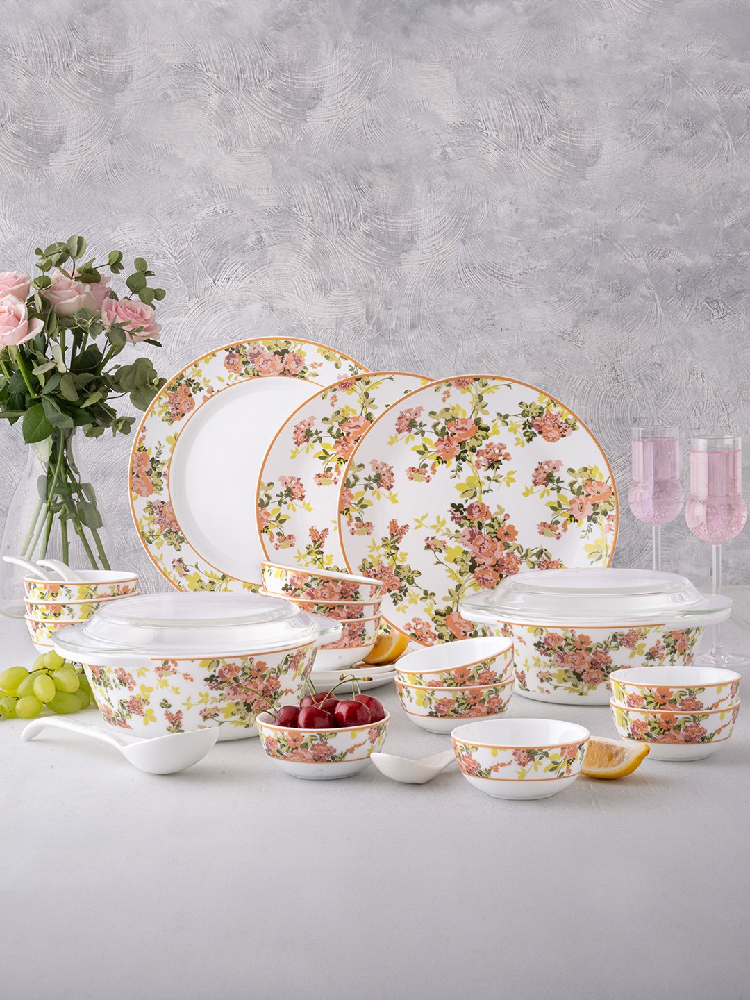 

Larah by BOROSIL White & Yellow 51 Pieces Printed Dinner Set