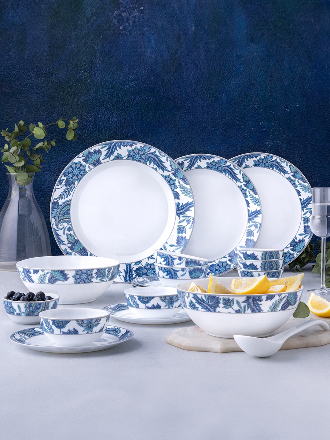 

Larah by BOROSIL Premia Series New Iris White & Blue 19 Pieces Printed Opalware Dinner set