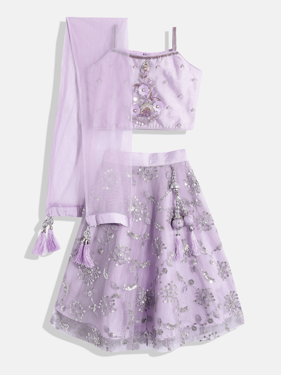 

Aarika Girls Embellished Beads & Stones Ready to Wear Lehenga & Blouse With Dupatta, Lavender