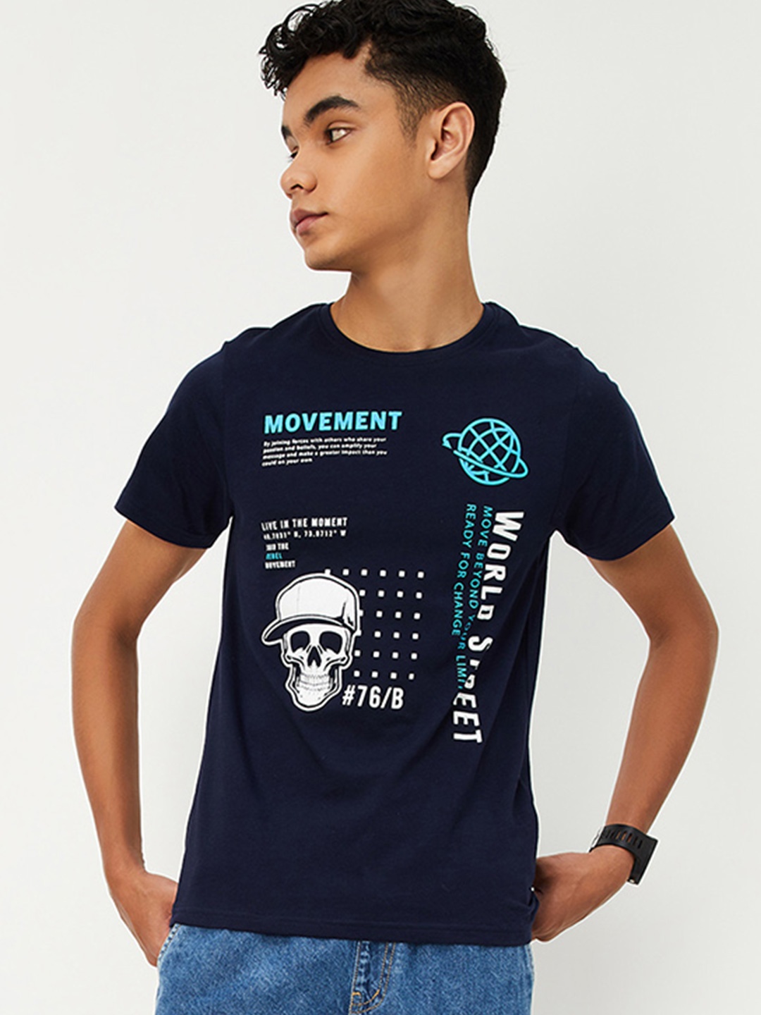 

max Boys Typography Printed Round Neck Cotton T-Shirt, Navy blue