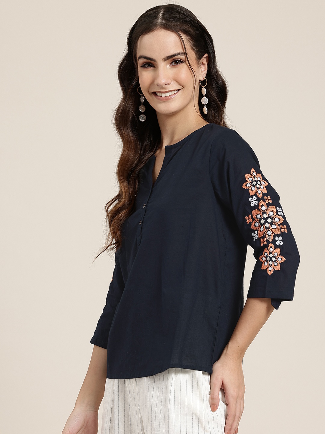 

HERE&NOW Women Embroidered Pure Cotton Top, Navy blue