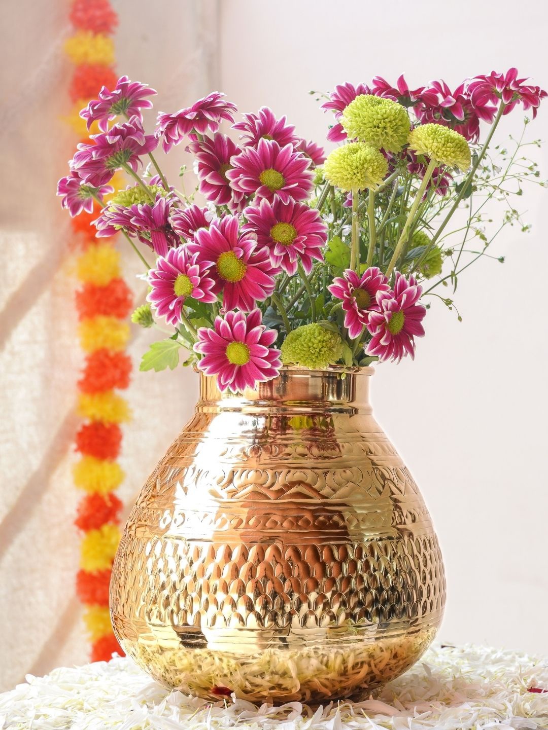 

BEHOMA Gold Toned Embossed Chitai Matki Flower vase