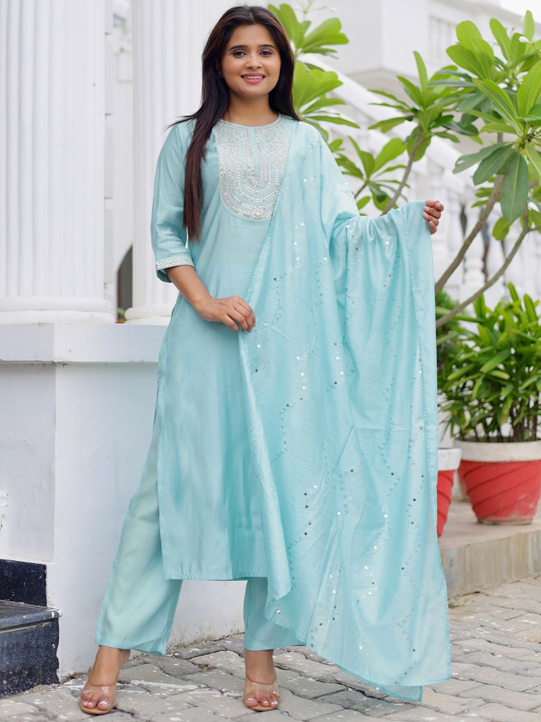 

Libas Floral Embroidered Sequinned Straight Kurta with Trousers & Dupatta, Blue