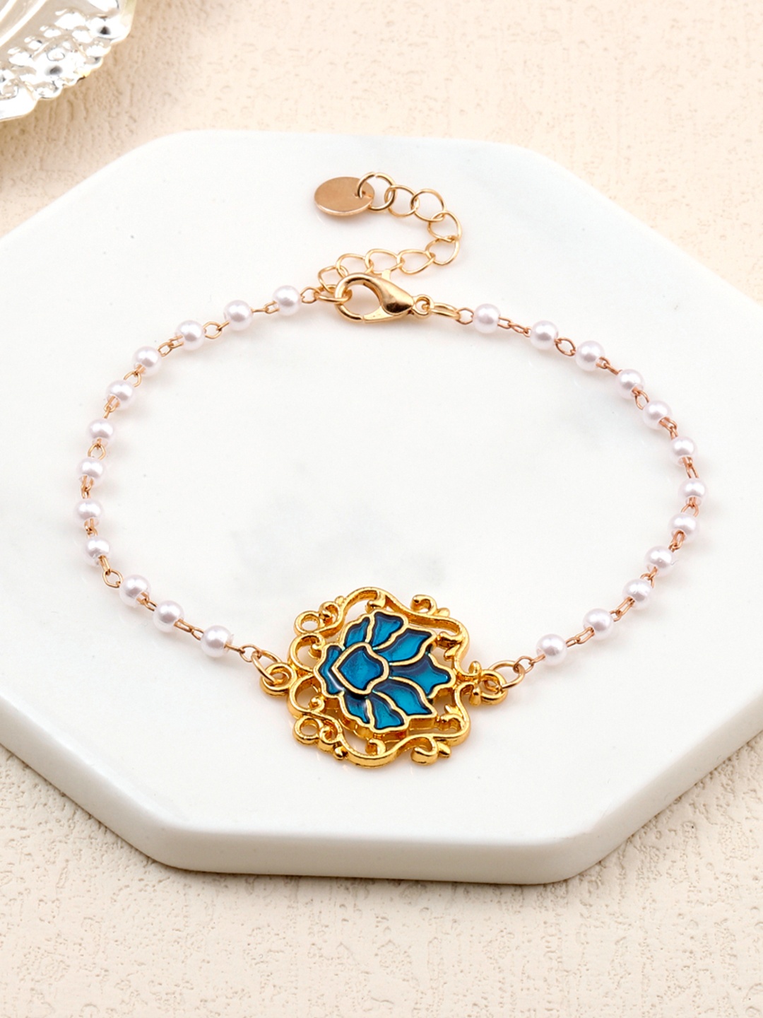 

SALTY Serenity Lotus Blue Charm Link Bracelet, Gold