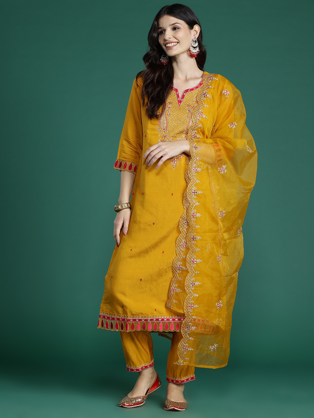 

Indo Era Women Ethnic Motifs Embroidered Gotta Patti Kurta with Trousers & Dupatta, Mustard