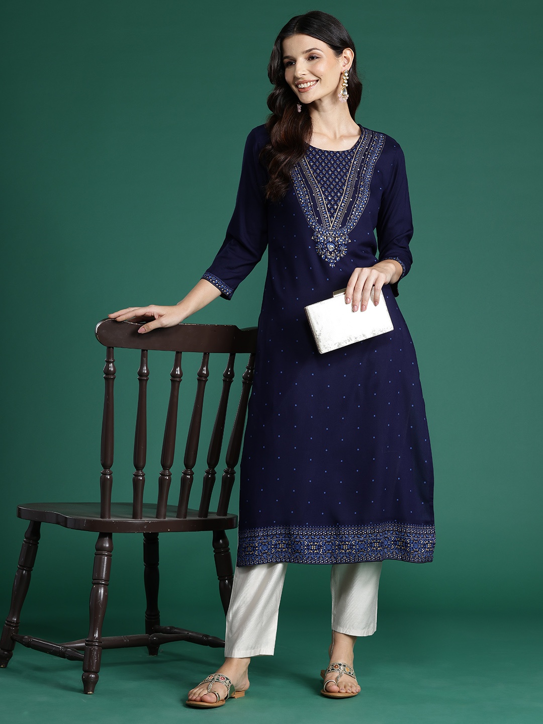 

Indo Era Ethnic Motifs Printed Sequinned Kurta, Navy blue