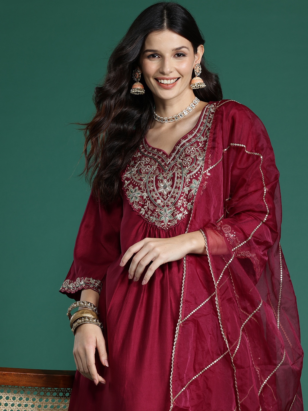 

Indo Era Floral Embroidered Pleated Thread Work Liva Kurta With Trousers & Dupatta, Burgundy