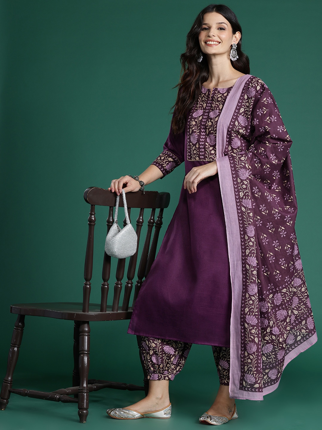 

Indo Era Floral Yoke Design Gotta Patti Pure Cotton Kurta With Salwar & Dupatta, Burgundy