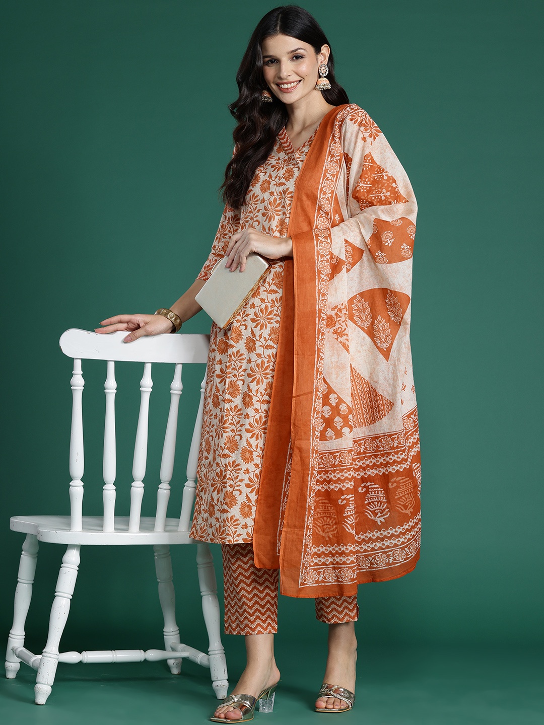 

Indo Era Floral Printed Gotta Patti Pure Cotton Kurta With Trousers & Dupatta, Rust