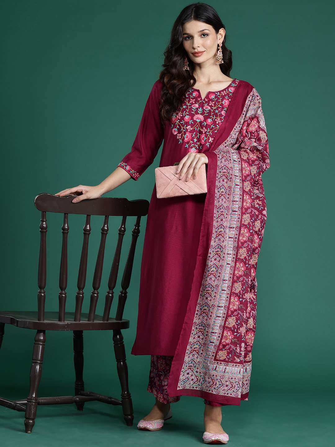 

Indo Era Floral Embroidered Thread Work Kurta With Palazzos & Dupatta, Burgundy