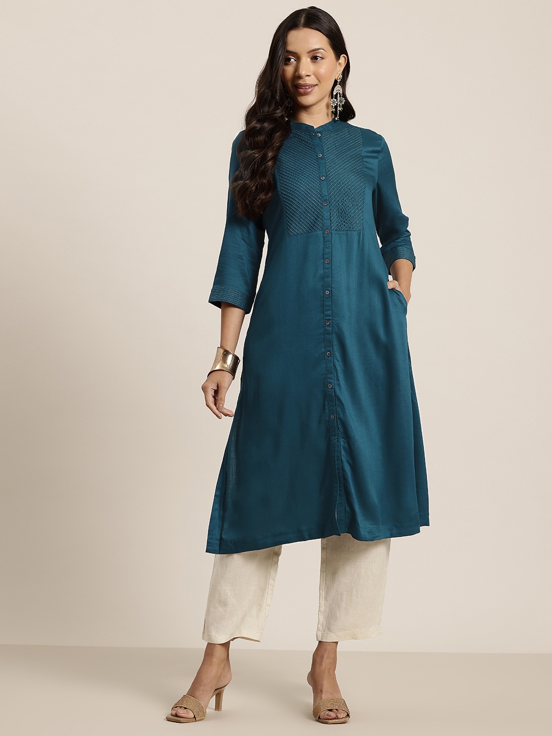 

HERE&NOW Mandarin Collar Zari Kurta, Teal