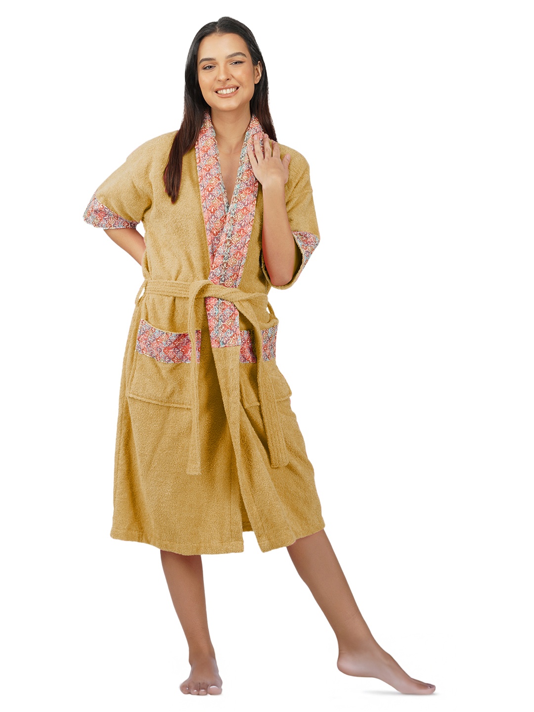 

RANGOLI Women Sunshine Lace Pure Cotton Bath Robe, Beige