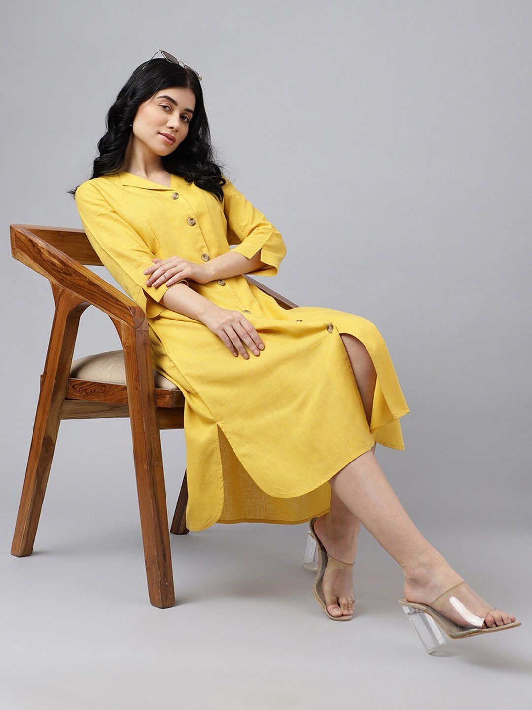 

Hancock V-Neck Pure Cotton A-Line Midi Dress, Yellow