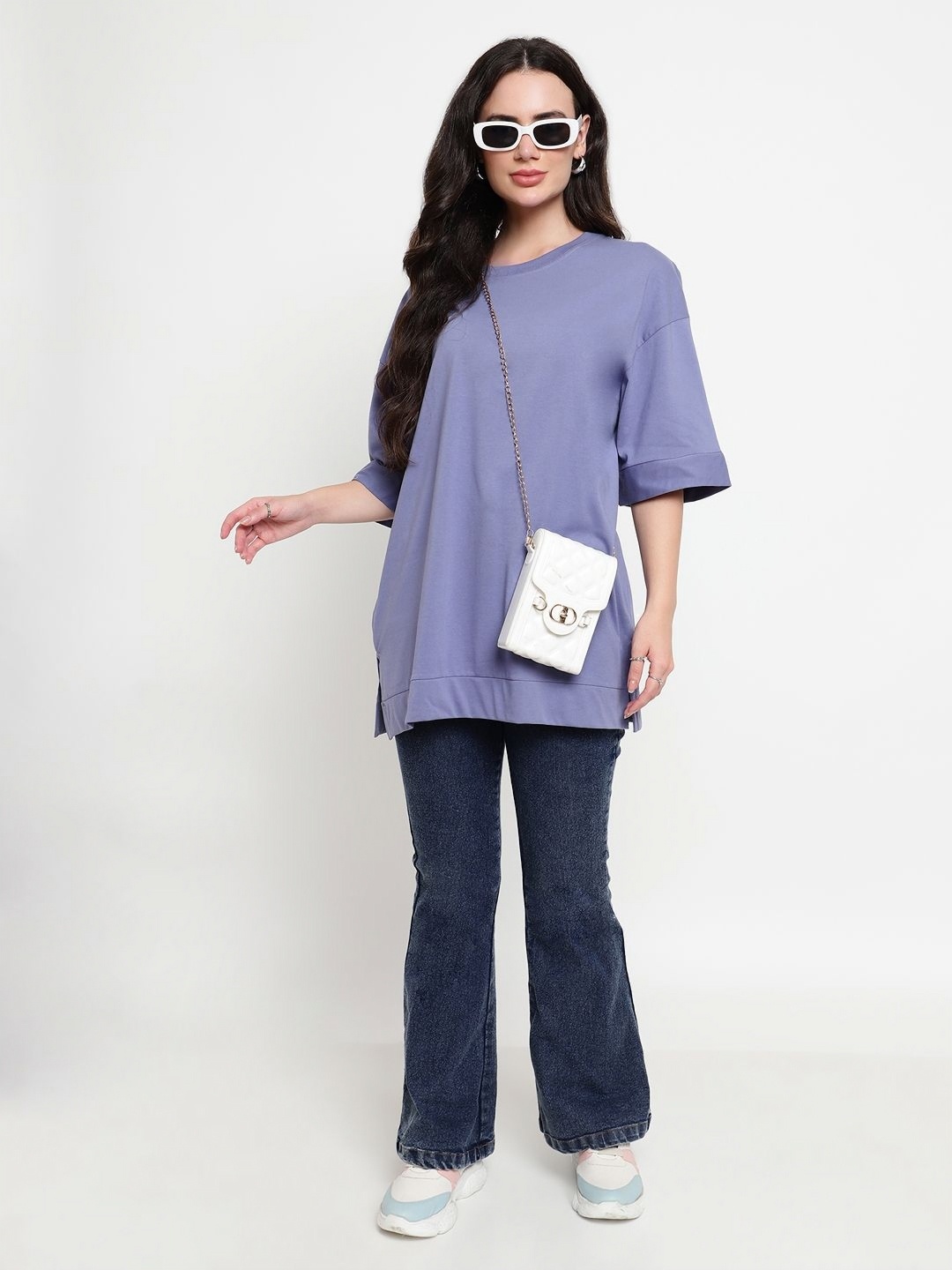 Skidlers Women Solid Round Neck Cotton Oversized T-Shirt, Purple
