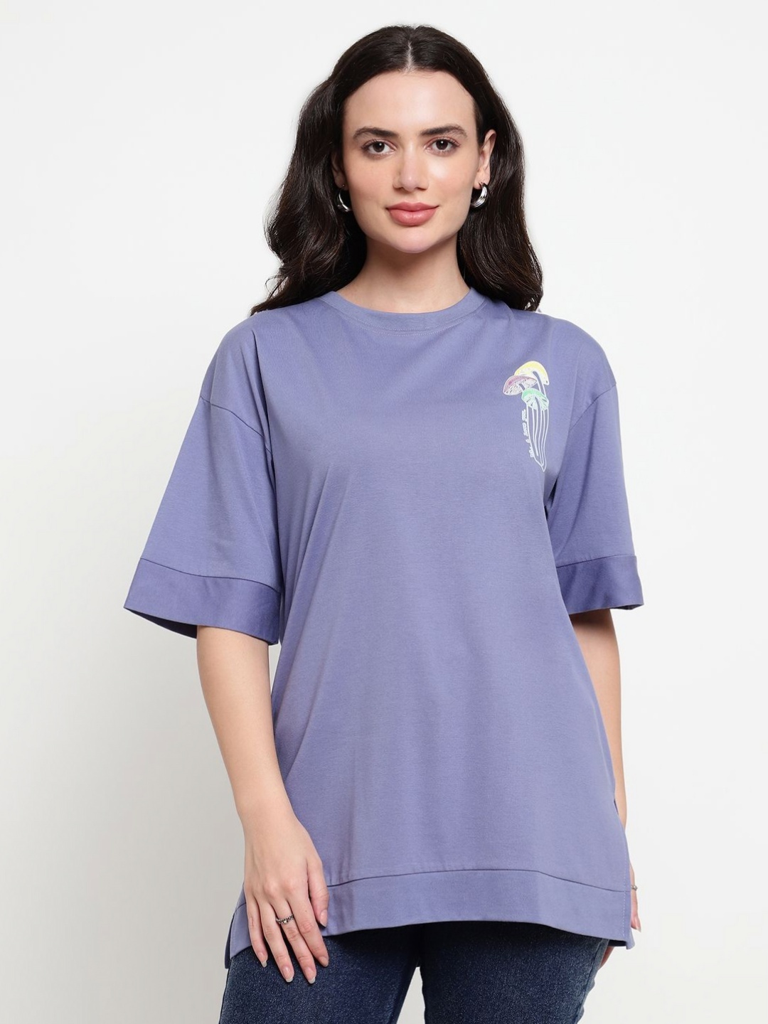 Skidlers Women Solid Round Neck Cotton Oversized T-Shirt, Purple