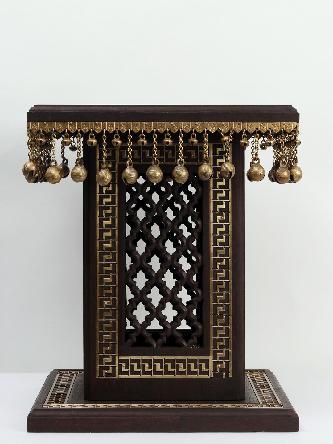 

Exotic India 18" Wooden Designer Pedestal (Chowki) with Brass Dangling Ghungroos, Brown