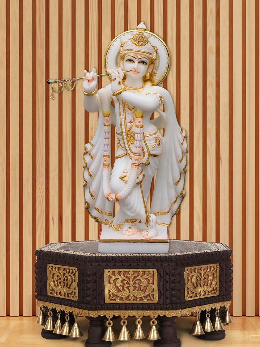 

Exotic India 20" Wooden Octagonal Shape Designer Chowki (Pedestal) with Brass Bells, Brown