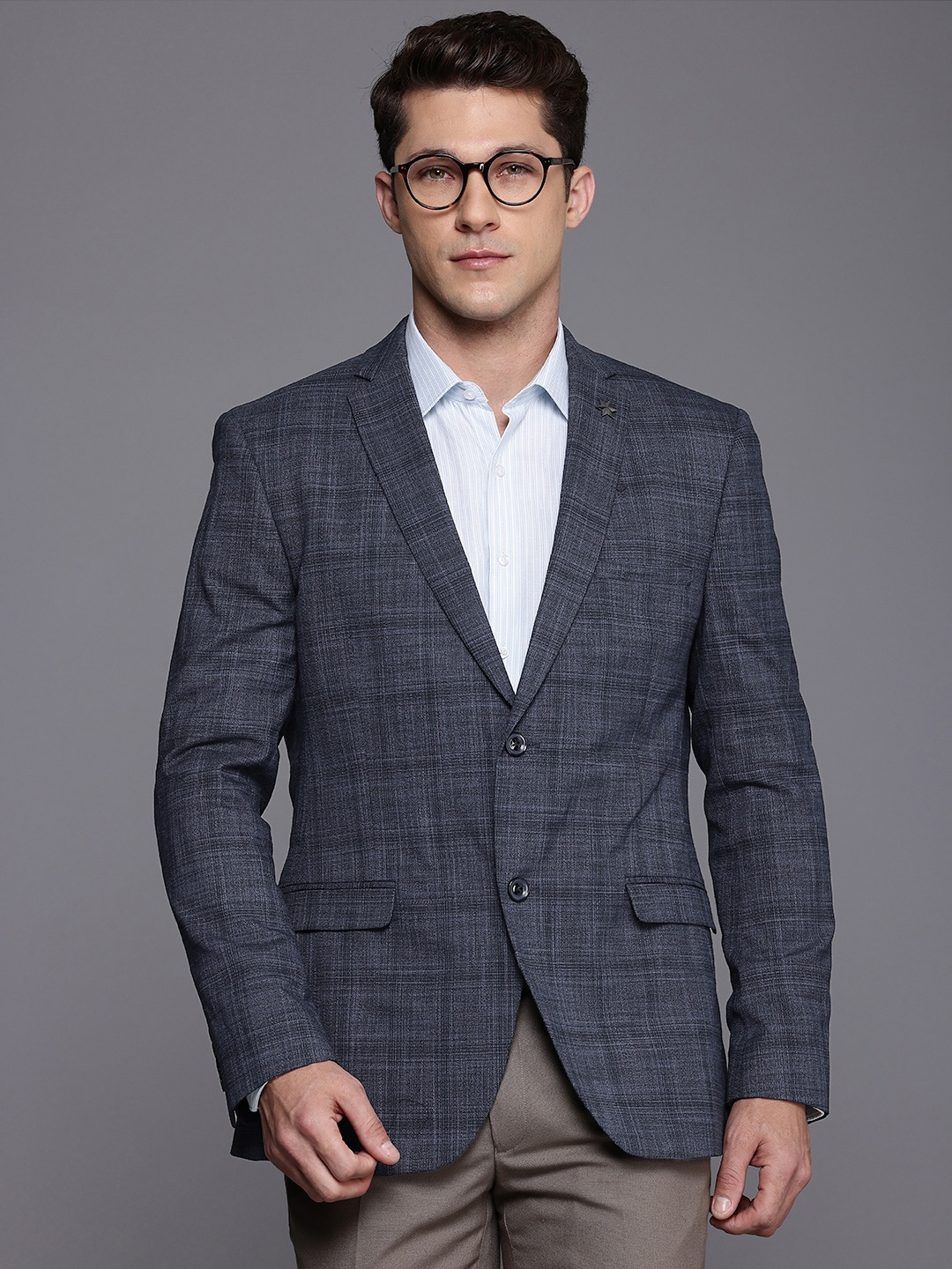 

Theme Checked Single-Breasted Slim Fit Formal Blazer, Navy blue