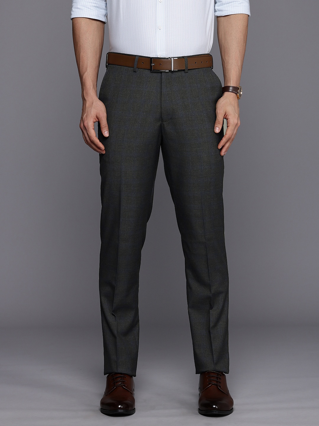 

Theme Men Checked Smart Slim Fit Trousers, Grey