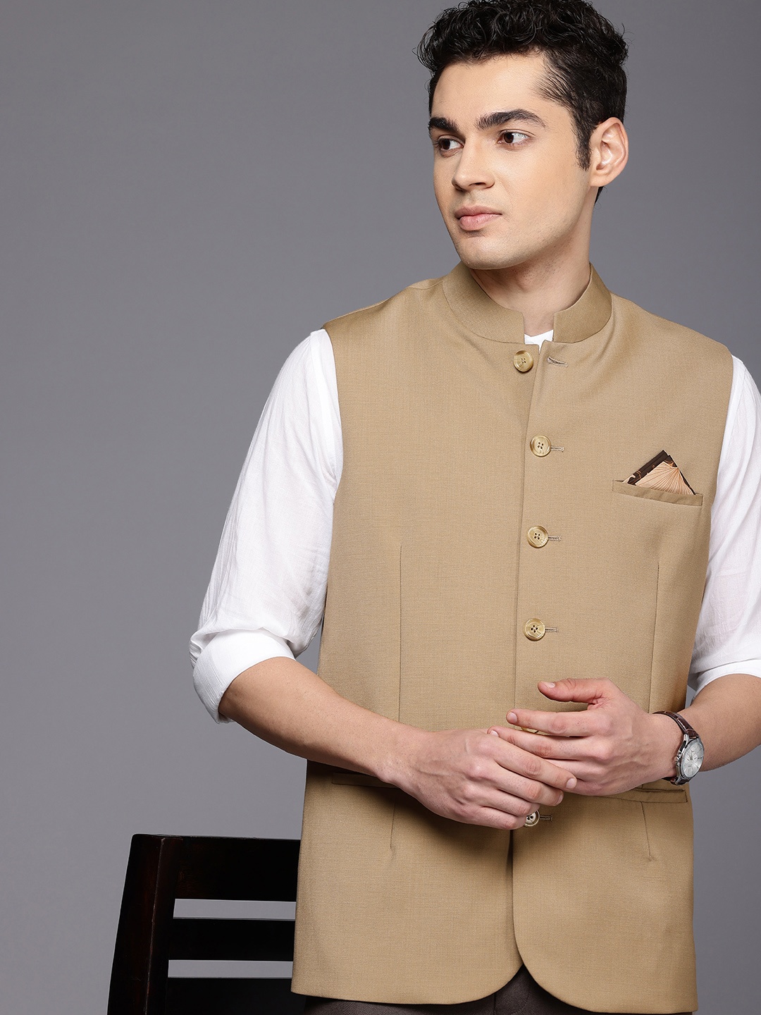 

Theme Regular Fit Pure Wool Nehru Jacket, Beige