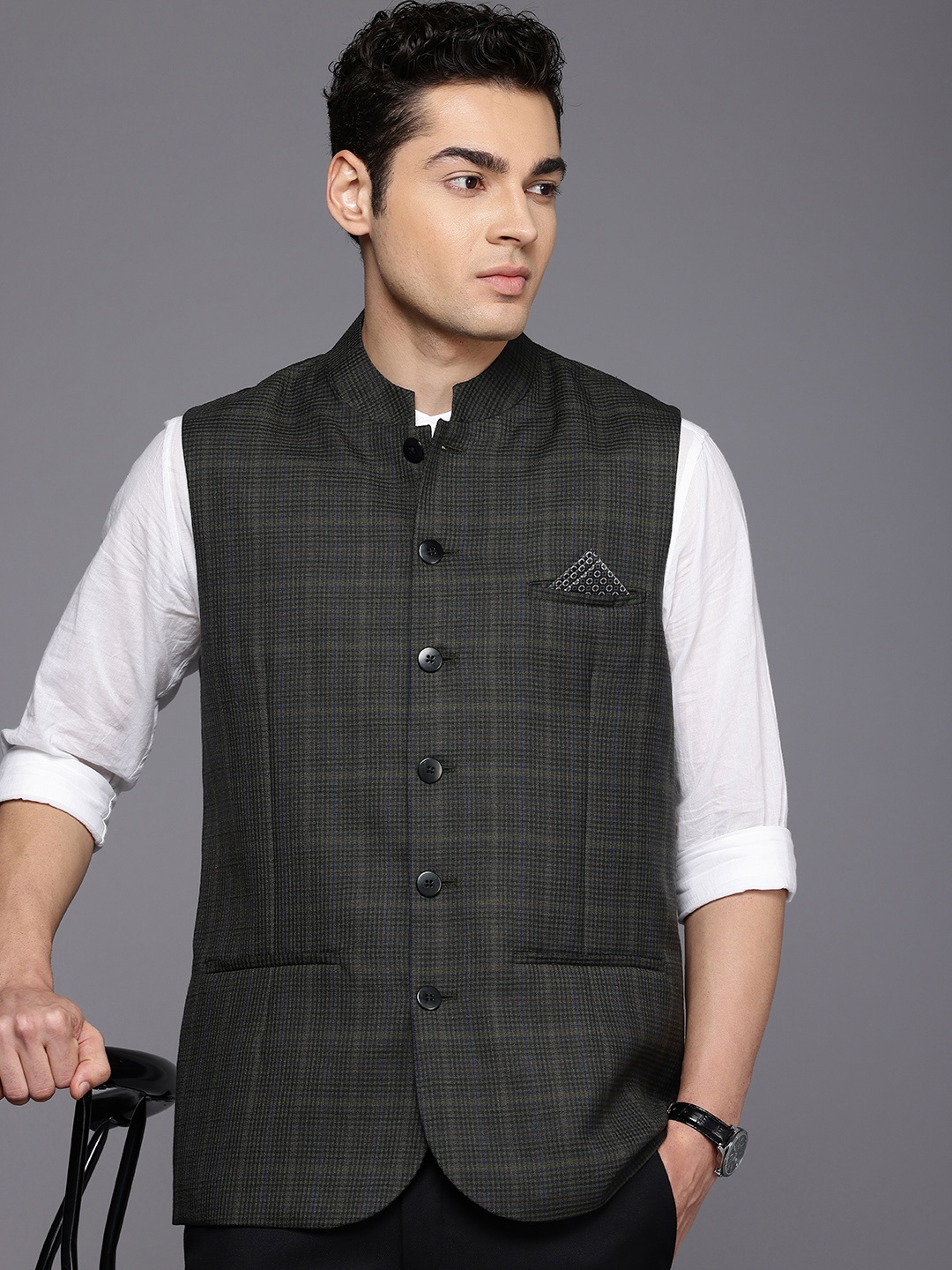 

Theme Regular Fit Pure Wool Nehru Jacket, Olive