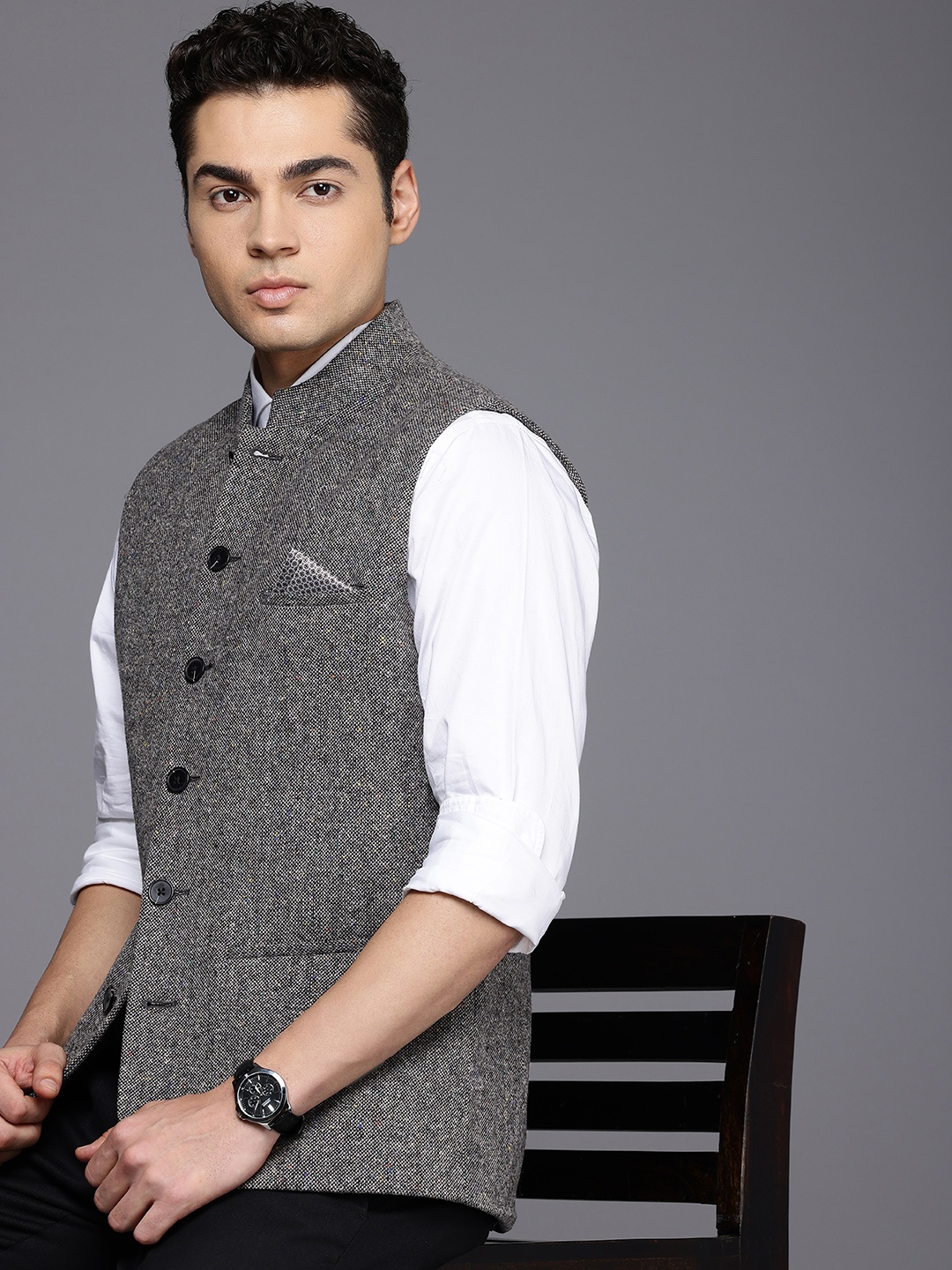 

Theme Regular Fit Pure Wool Nehru Jacket, Grey