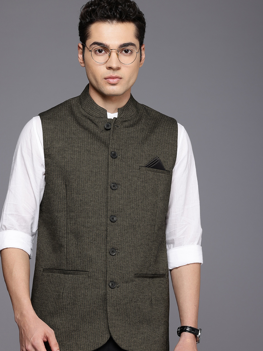 

Theme Regular Fit Pure Cotton Nehru Jacket, Olive