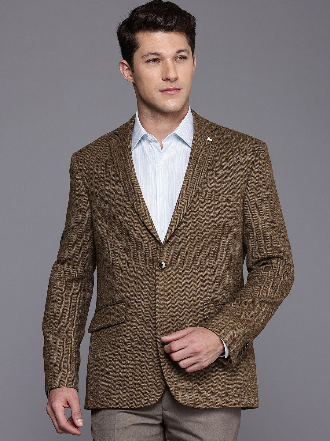

Theme Single-Breasted Pure Wool Formal Blazer, Brown