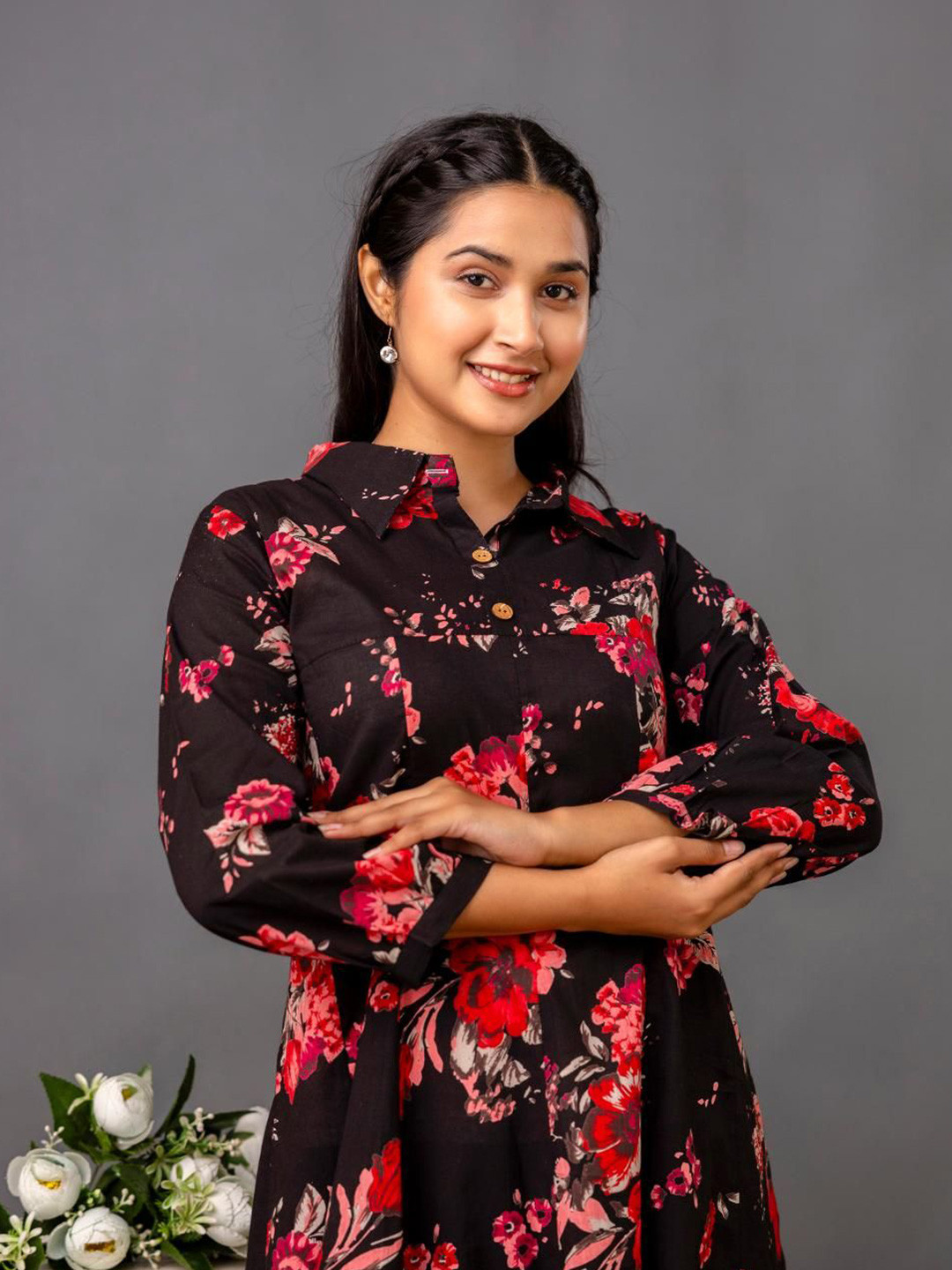 

Jasoriya Floral Printed Shirt Collar Cotton A-Line Dress, Black