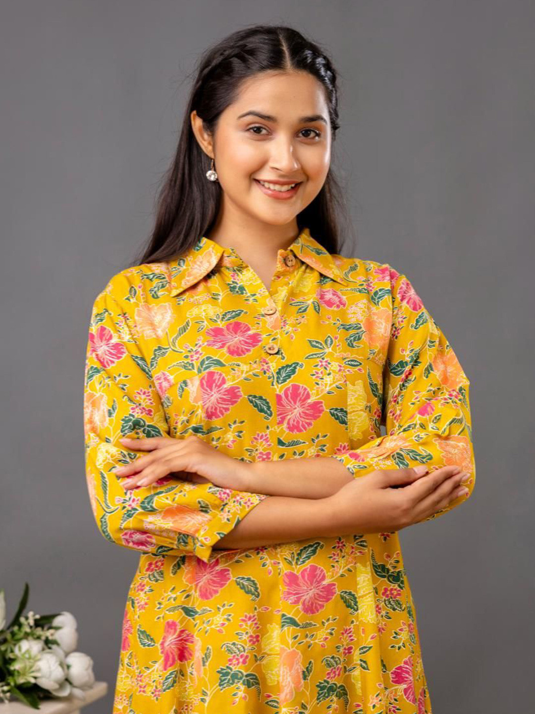 

Jasoriya Floral Printed Shirt Collar A-Line Dress, Mustard