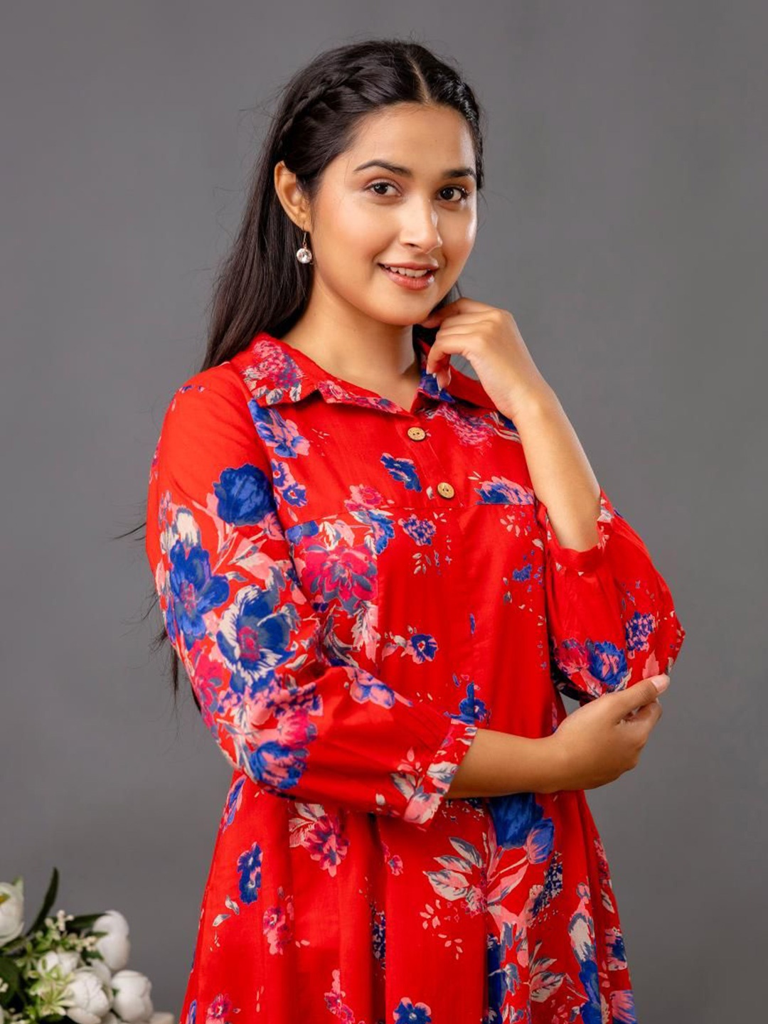 

Jasoriya Floral Printed Shirt Collar Cotton A-Line Dress, Red