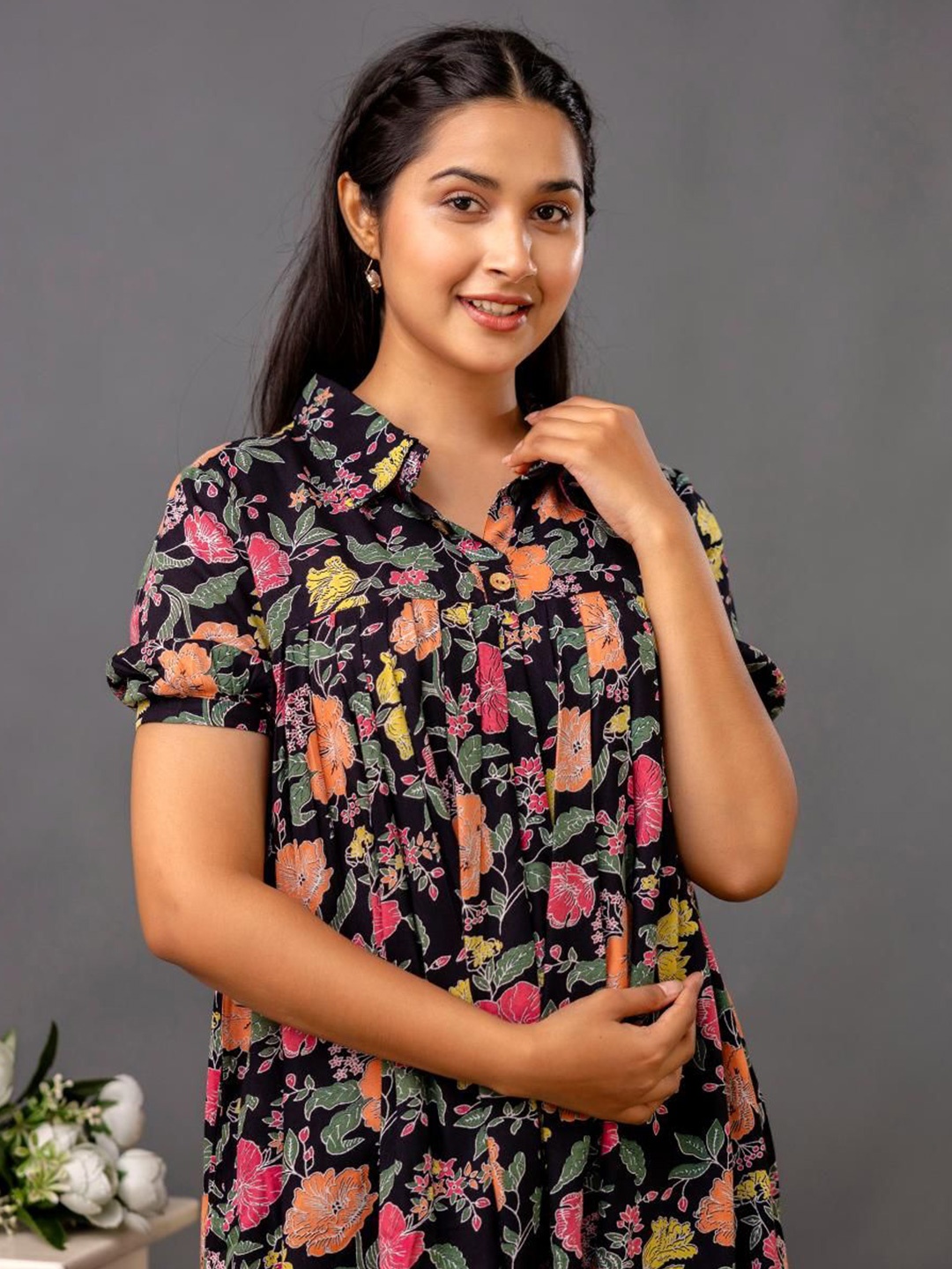 Jasoriya Floral Printed Shirt Collar A-Line Dress, Black