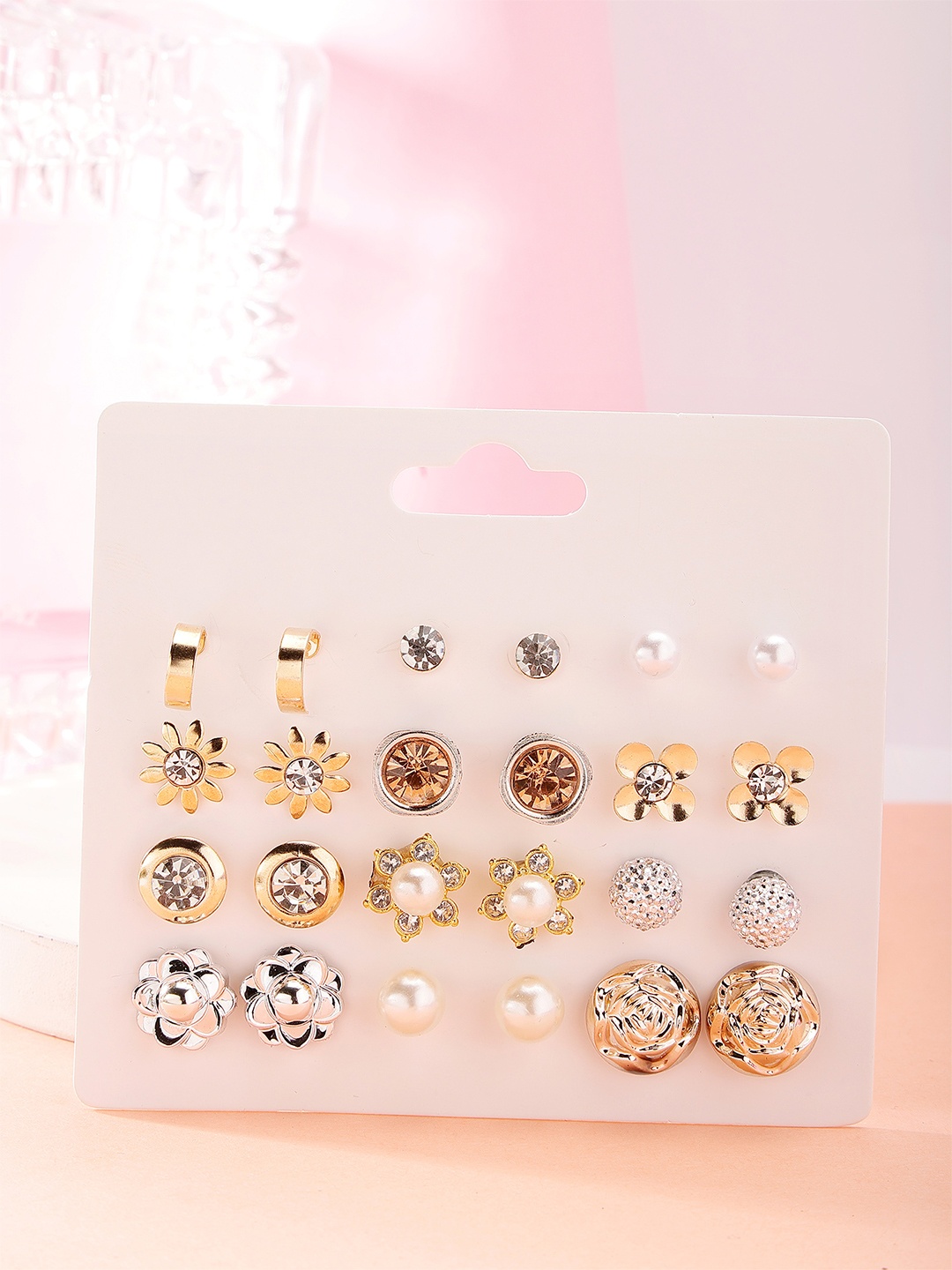 

Bohey by KARATCART Set Of 12 Gold-Plated Cubic Zirconia Contemporary Enamelled Studs