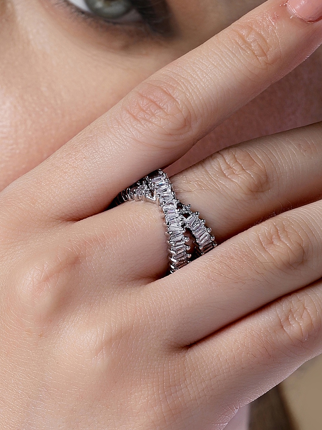 

Bohey by KARATCART Silver-Plated CZ Studded Finger Ring