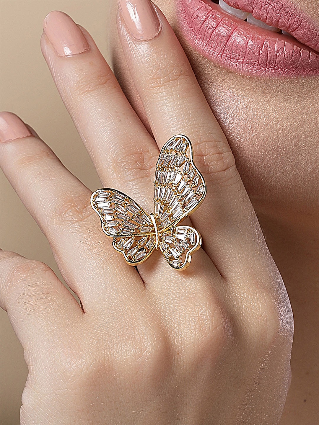 

Bohey by KARATCART Gold-Plated CZ Studded Butterfly Design Finger Ring