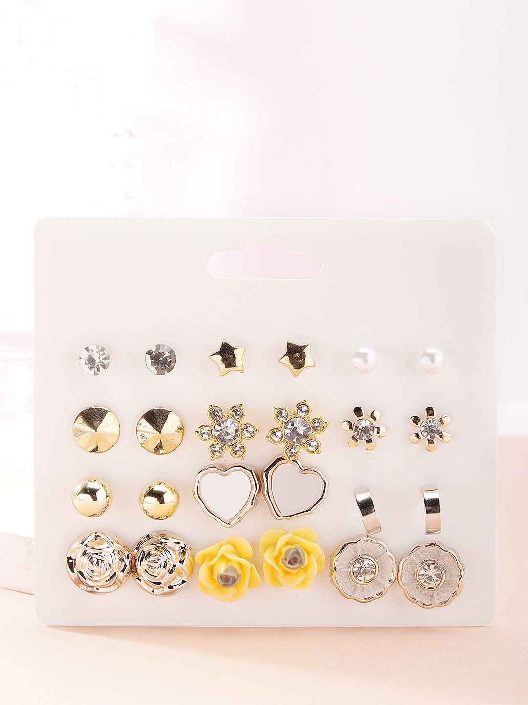 

Bohey by KARATCART Set Of 12 Gold Plated Contemporary Cubic Zirconia Studded Earrings