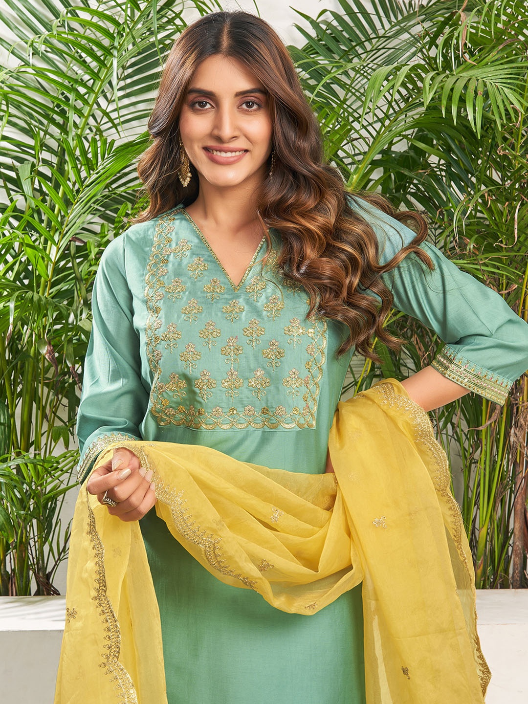 

KALINI Floral Yoke Design Sequinned Straight Kurta with Trousers & Dupatta, Green
