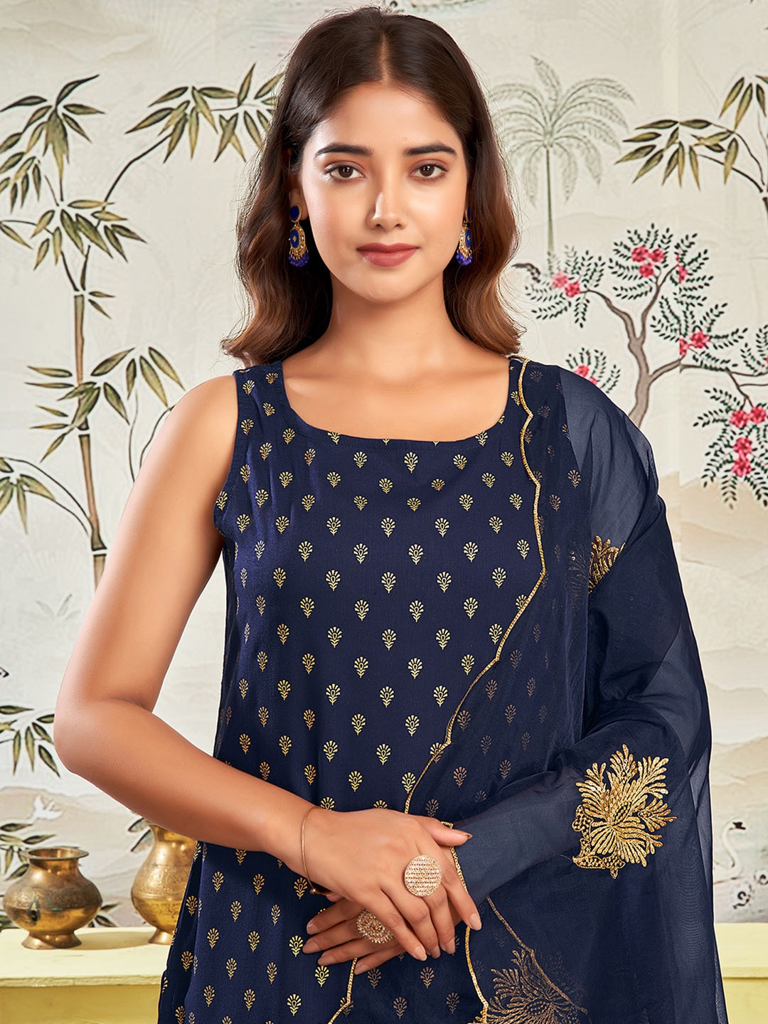 

KALINI Ethnic Motifs Printed Straight Kurta with Trousers & Dupatta, Navy blue