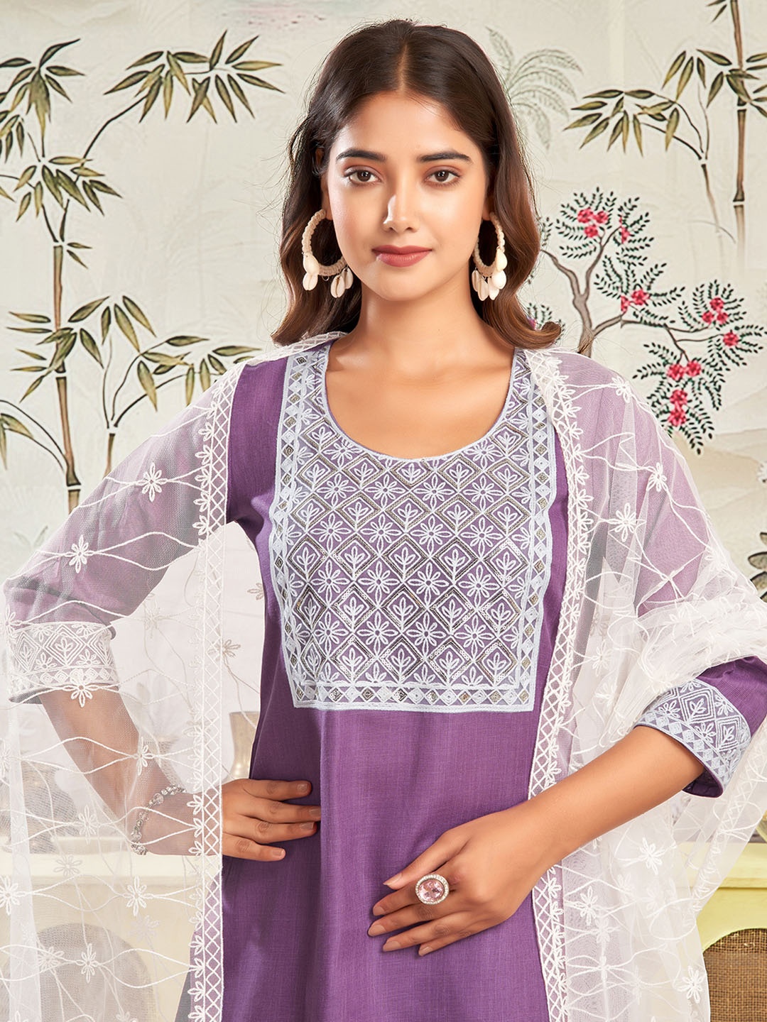 

KALINI Floral Yoke Design Sequinned Straight Kurta with Trousers & Dupatta, Purple
