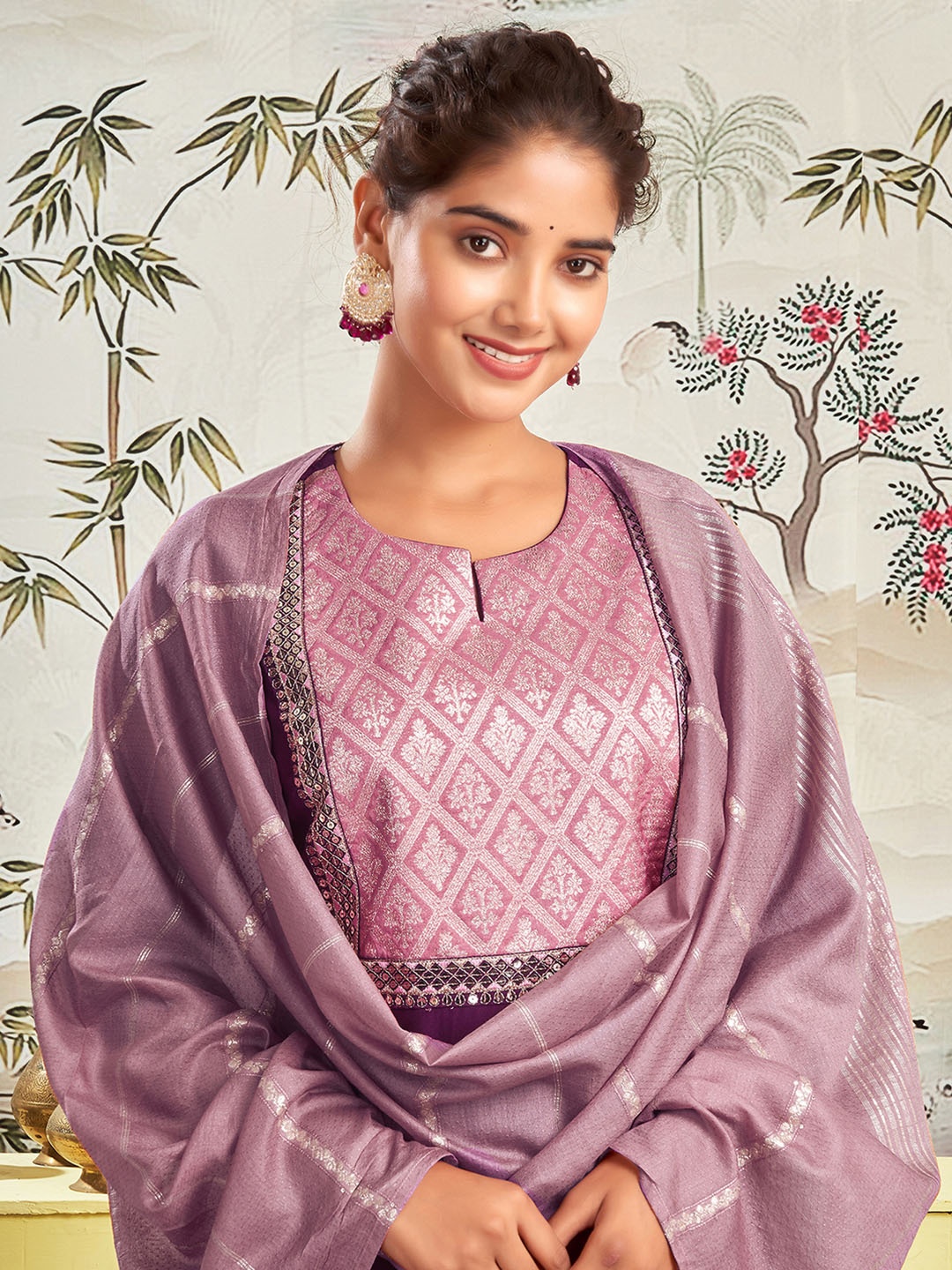 

KALINI Ethnic Motifs Yoke Design Sequinned Straight Kurta with Trousers & Dupatta, Purple