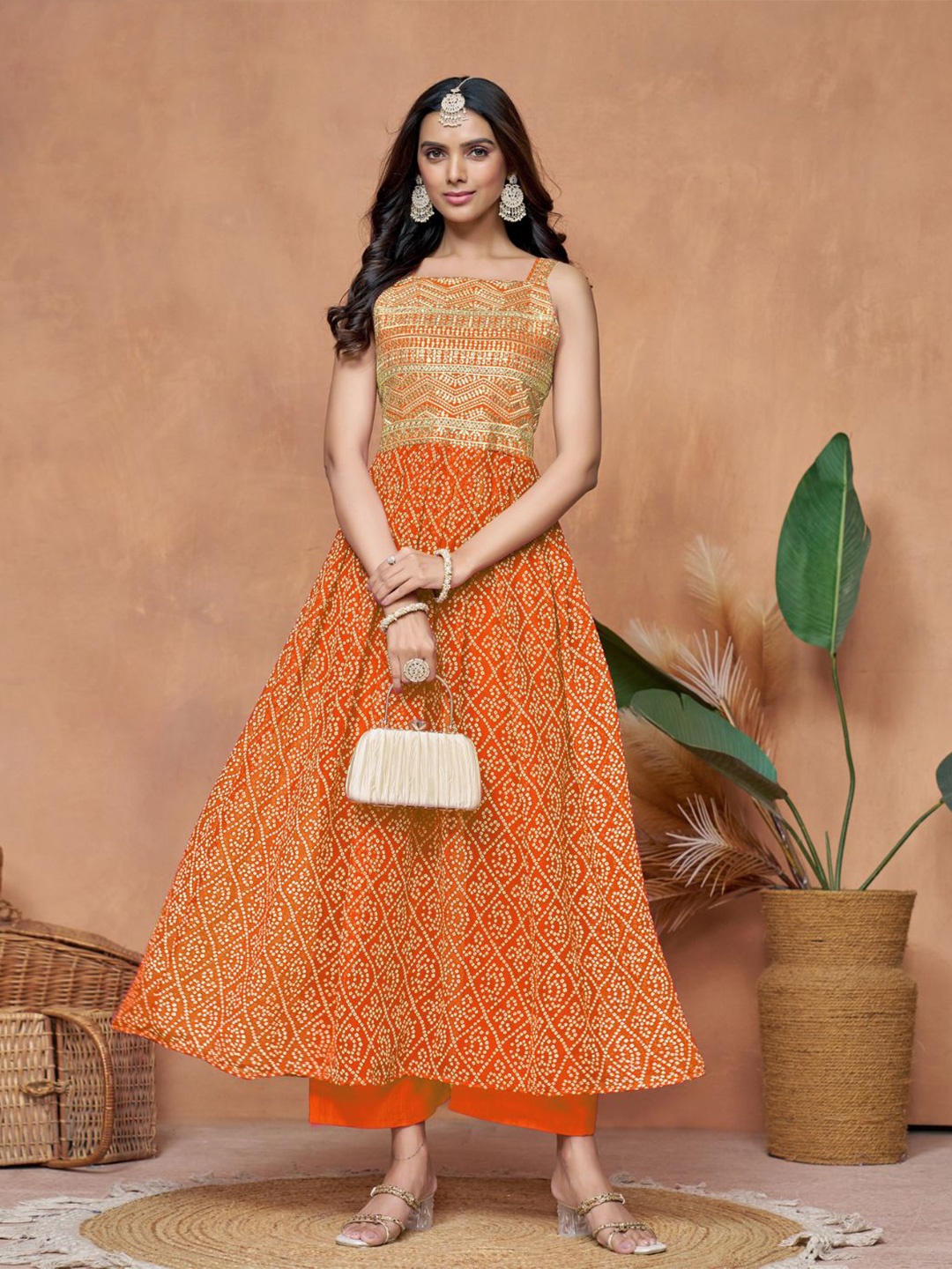 

KALINI Square Neck Georgette Bandhani Print Embroidery Anarkali Kurta, Orange