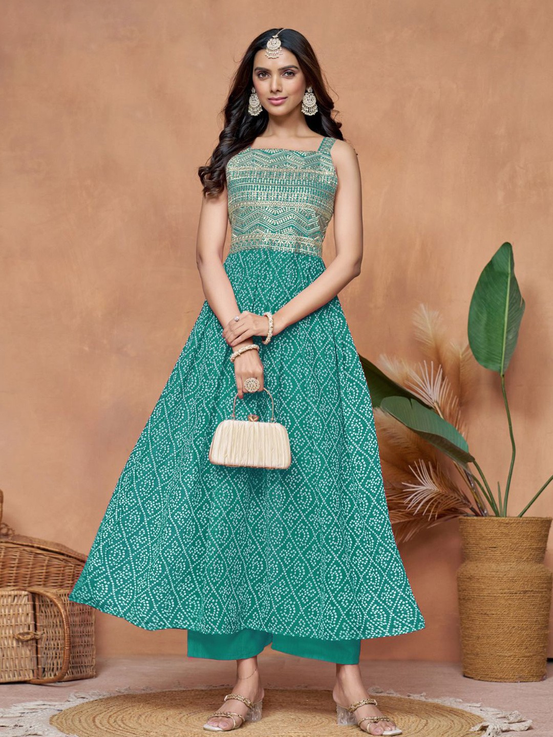 

KALINI Georgette Bandhani Printed Square Neck Zari Work Embroidery Anarkali Kurta, Green