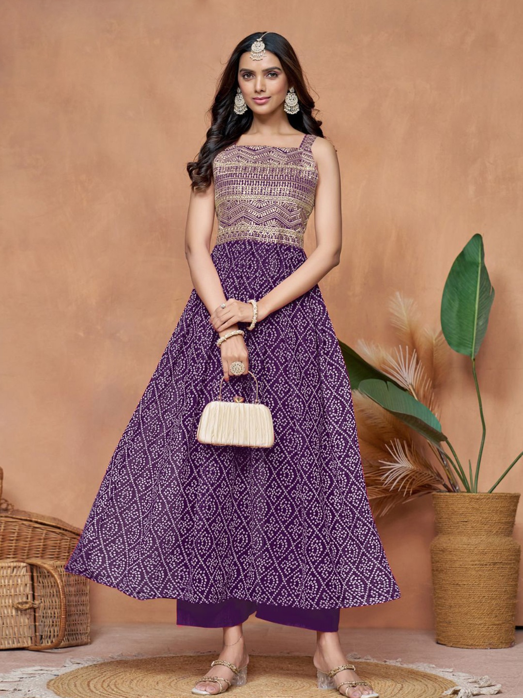 

Kalini Georgette Bandhani Printed Square Neck Zari Work Anarkali Kurta, Purple