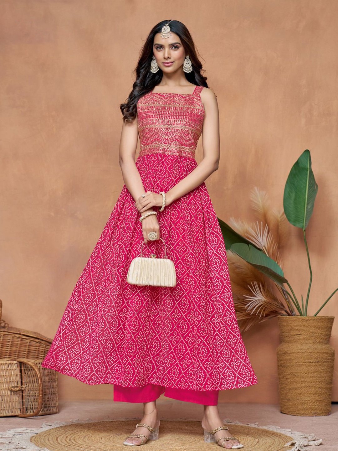 

KALINI Bandhani Printed Zari Work Square Neck Georgette Anarkali Kurta, Pink