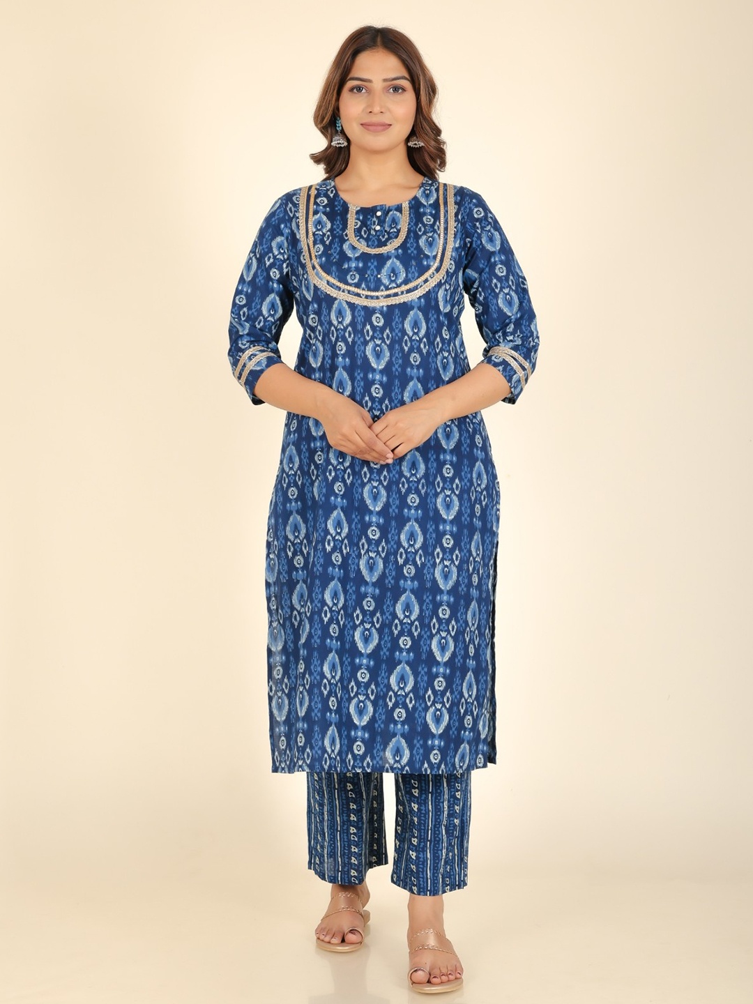 

Aramya Ethnic Motifs Ikat Printed Gotta Patti Pure Cotton Straight Kurta with Trousers, Blue