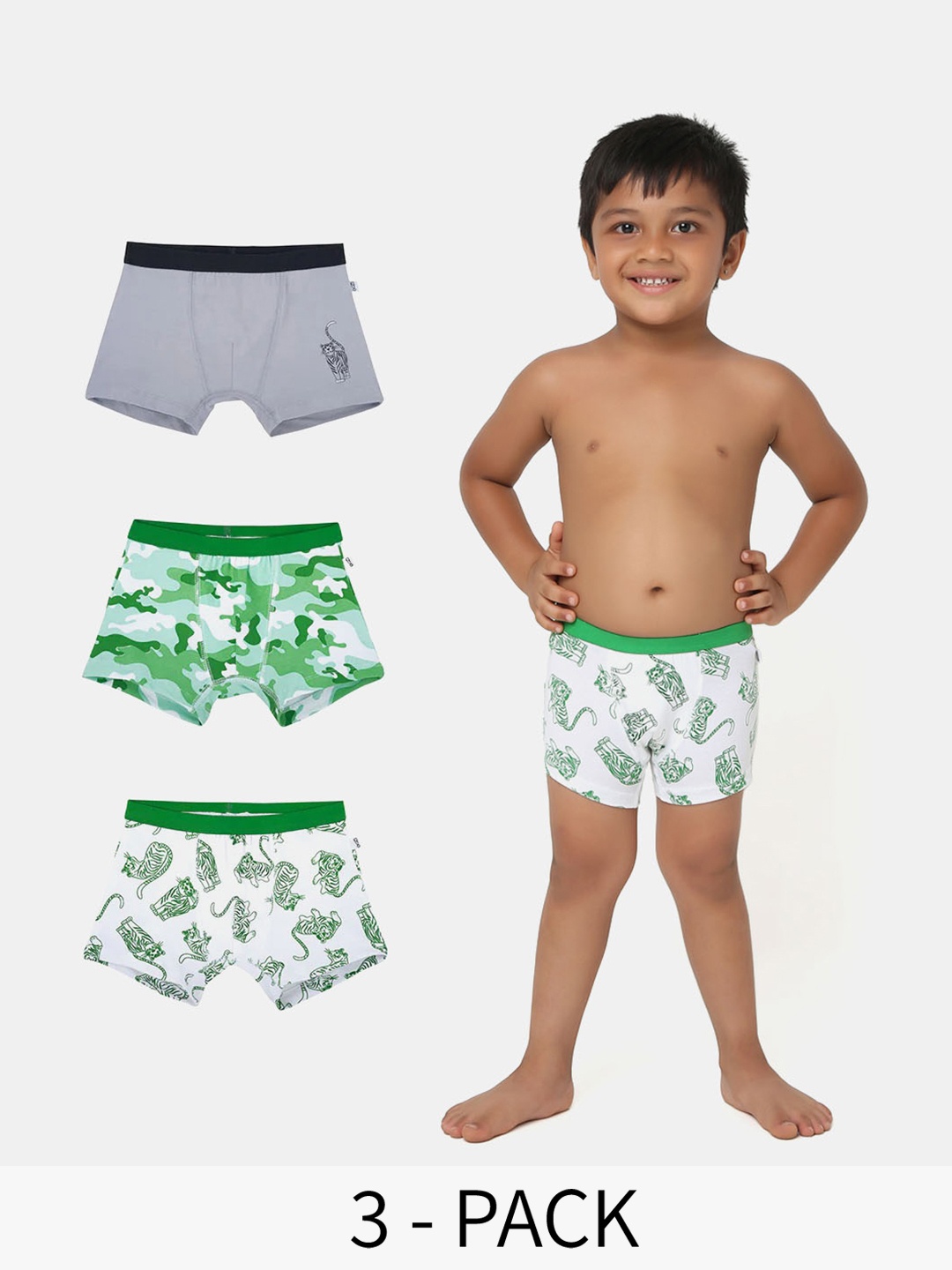

You Got Plan B Boy Pack Of 3 Printed Trunks BXB-LilTiger: 4-6-White, Grey, White
