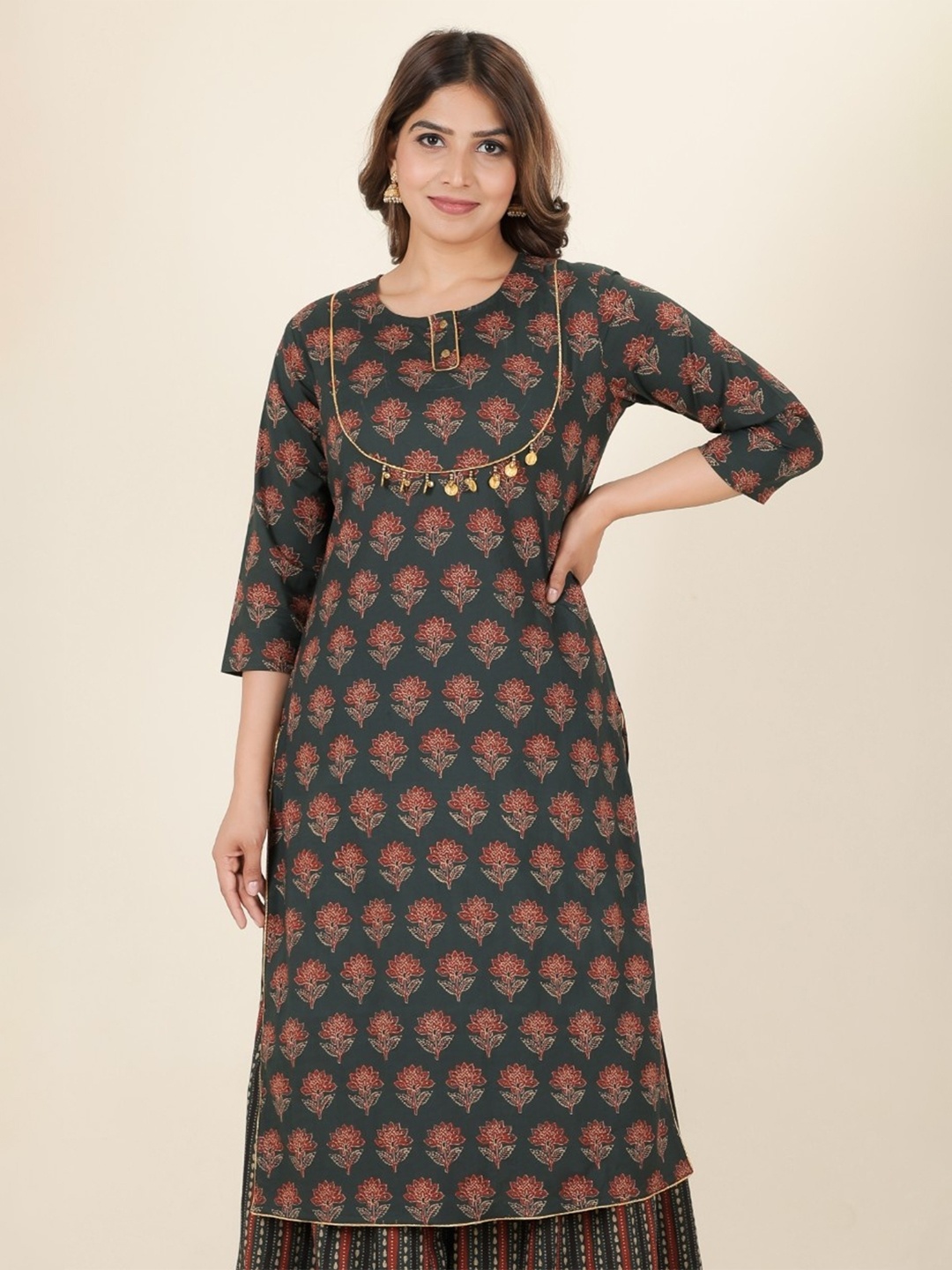 

Aramya Ethnic Motifs Printed Pure Cotton Straight Kurta, Green